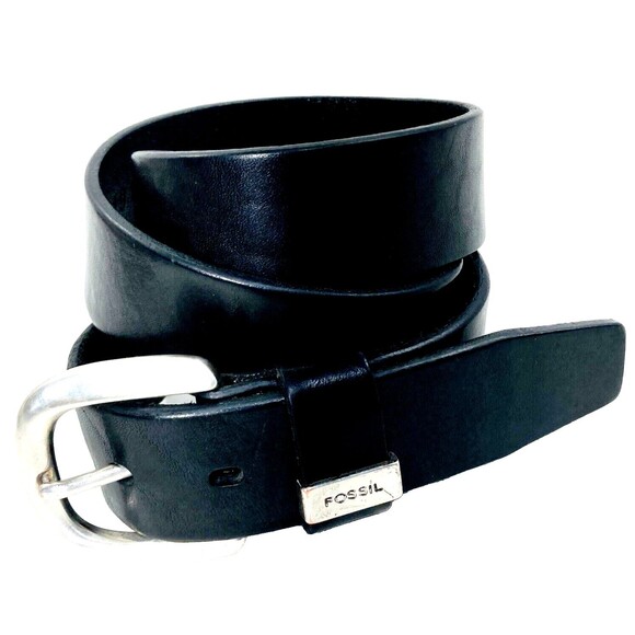 Fossil Vtg Logo Belt Skinny Black Leather Silver M L Unisex fits 31-35.5 waist - Picture 2 of 13